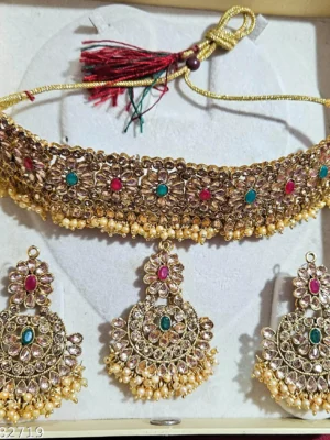 Traditional Multi-Stone Choker Necklace Set with Bindi and Earrings