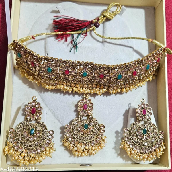 Traditional Multi-Stone Choker Necklace Set with Bindi and Earrings