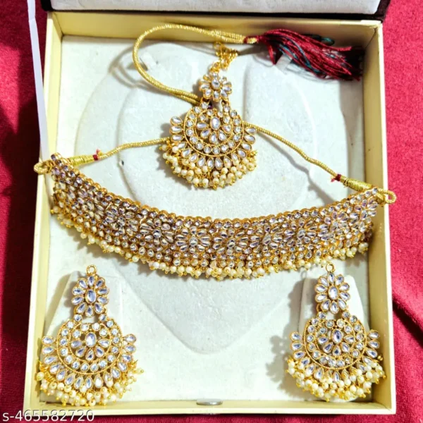 Traditional Multi-Stone Choker Necklace Set with Bindi and Earrings